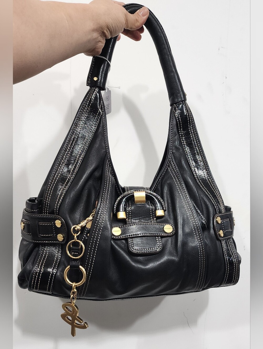 b. makowsky Black Shoulder Bag with Gold Hardware